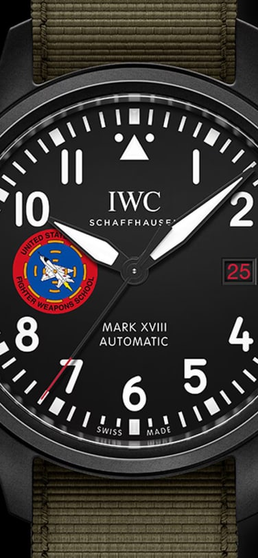 IWC Pilot’s Watch Mark XVIII Edition “Strike Fighter Tactics Instructor” IW324705 with black dial, ceramic case and green textile strap