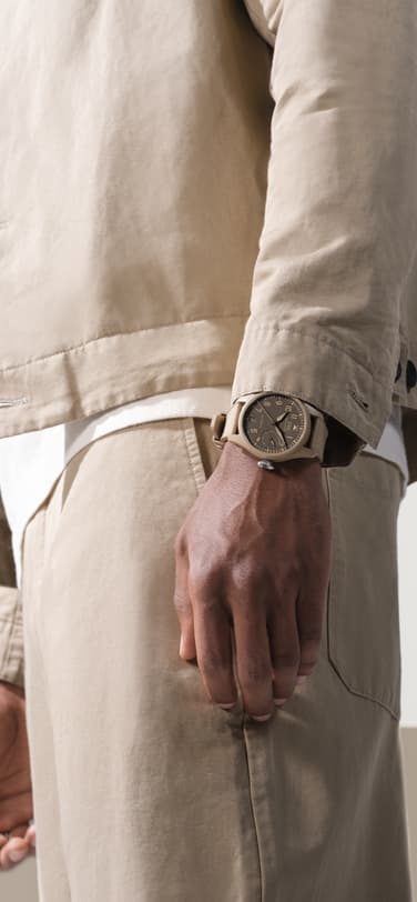 Close up of Big Pilot's Watch TOP GUN Edition "Mojave Desert" on a man's wrist