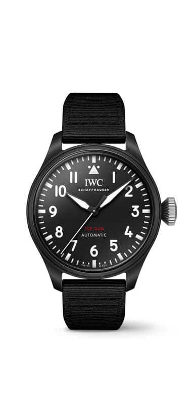 The Pilot's Watch 43 TOP GUN with a case made of black ceramic, a black dial infront of a jet black background.