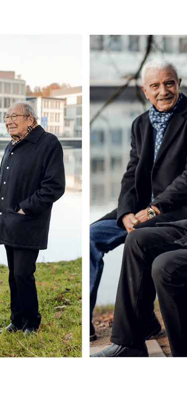 Kurt Klaus and Amaro Abad standing next to the Rhine river in front of the IWC headquarters