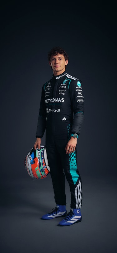 Mercedes-AMG PETRONAS Formula One™ new driver Andrea Kimi Antonelli wearing IWC watch.