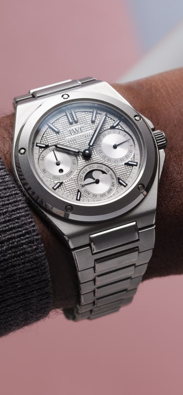 image of Ingenieur Perpetual Calendar watch with blue dial and stainless steel bracelet on a man's wrist