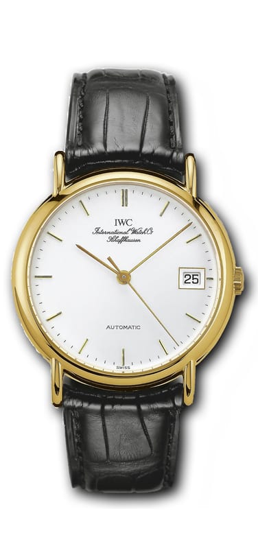 IWC Portofino watch with white dial and black leather strap.