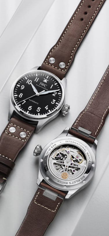 Back and front image of IWC BIG PILOT’S WATCH 43 with brown leather strap.