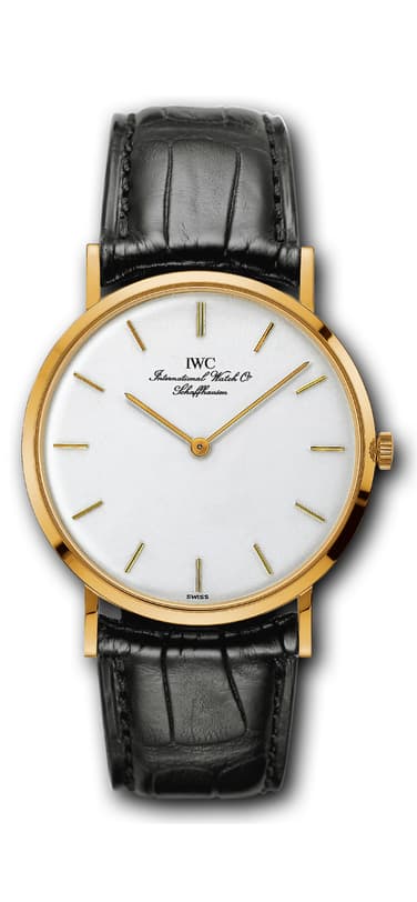 IWC Portofino watch Reference 5251 with white dial and black leather strap.