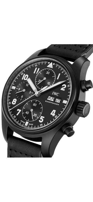Angled shot of the IWC Pilot’s Watch Chronograph Edition “Tribute to 3705” with Black Dial, Ceratanium case and strap