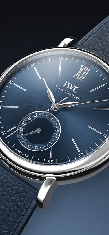 IWC Portofino Pointer Date Laureus with blue dial, stainless steel case and blue calfskin strap.