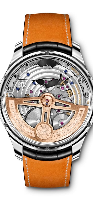 The reverse side of the IW504601 Portugieser Tourbillon Mystère Rétrograde withsteel case and visible calibre