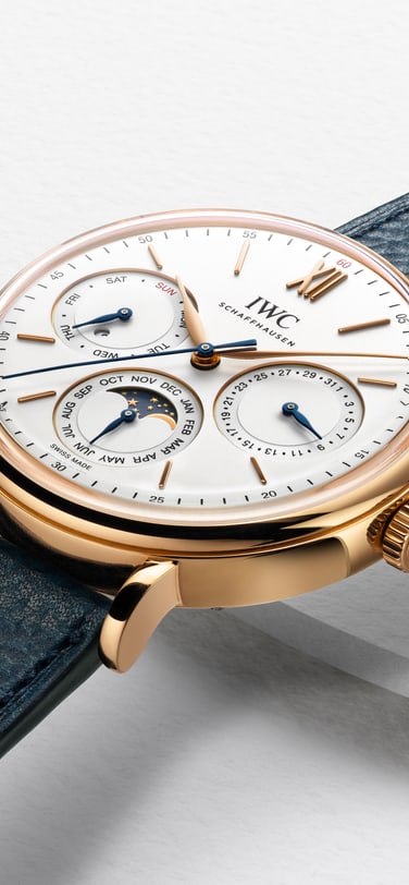 IWC Portofino Complete Calendar IW359002 with white dial, 18 ct 5N gold case and taupe calfskin strap