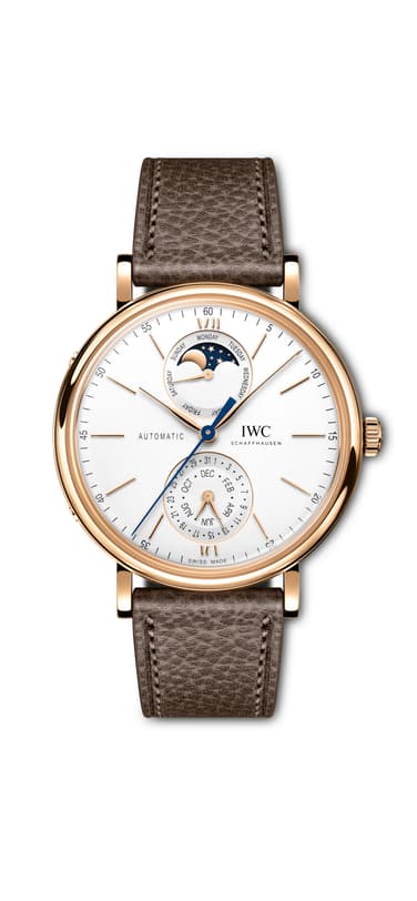 IWC Portofino Complete Calendar IW359002 with white dial, gold case and taupe calfskin strap.