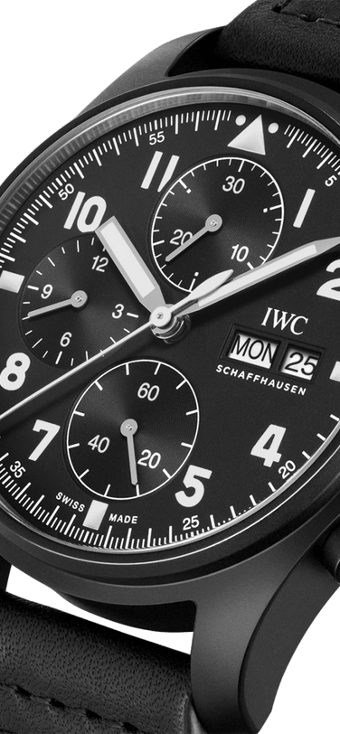 Angled shot of the IWC Pilot’s Watch Chronograph Edition “Tribute to 3705” with Black Dial, Ceratanium case and strap