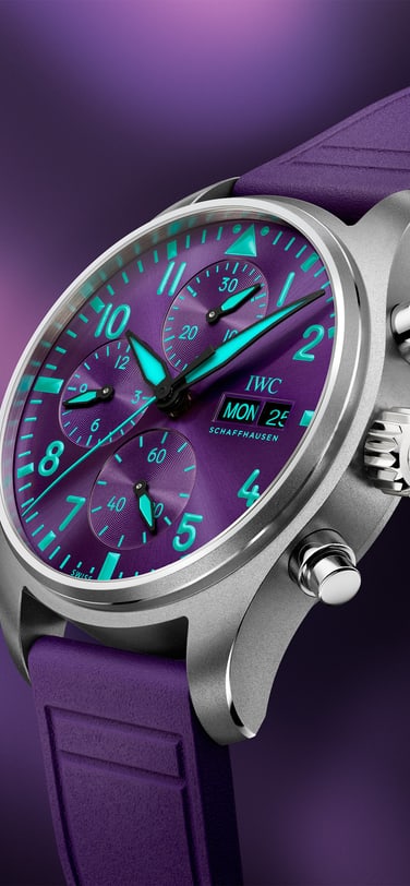 Ecomm shot of Pilot's Watch Chronograph 41 Mercedes-AMG Petronas Formula One™ Team watch with purple background.