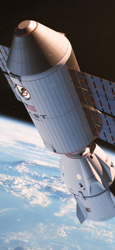 a spaceship with VAST written on it photographed in space with earth in the background