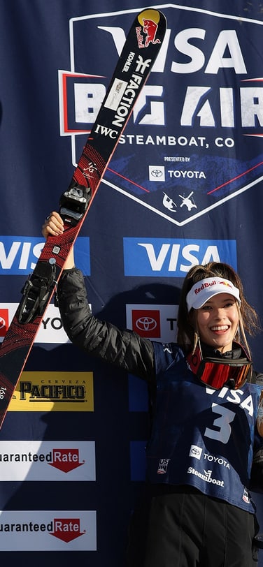 Eileen Gu winning gold at Big Air World Cup in Steamboat, CO (photo by Getty Images)