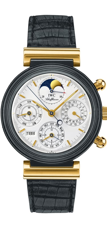 Image showing the IWC Da Vinci watch with white dial and black leather strap
