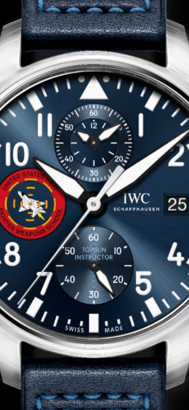 IWC Pilot’s Watch Chronograph Edition “TOP GUN 50th Anniversary” IW387813) with blue dial, stainless steel case and blue leather strap