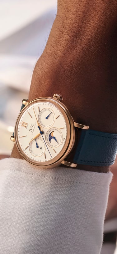 IWC portofino watch with white dial and gold case on a man's wrist
