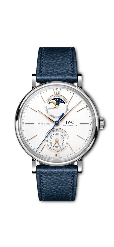 IWC Portofino Complete Calendar IW359001 with white dial, silver case and blue calfskin strap placed on white surface in white background.
