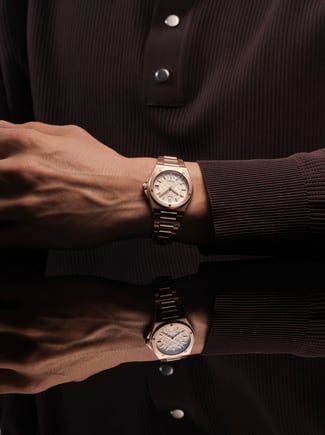 Wristshot of man wearing the IWC Ingenieur Automatic 35 with gold-colored dial, 18 ct 5N gold case and bracelet.