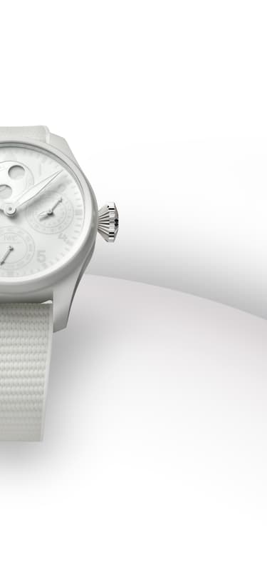 IWC Big Pilot’s Watch Perpetual Calendar Ceralume® (ref. IW505801) front view in daylight with a clean white dial and rubber strap on a light background