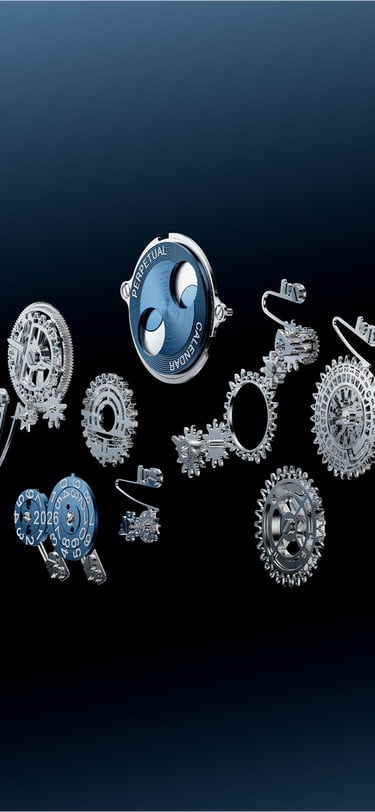 Exploded view of an IWC watch movement showcasing its intricate gears and mechanical components against a dark blue background