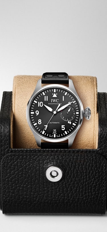An IWC Pilot's Watch in a black leather case