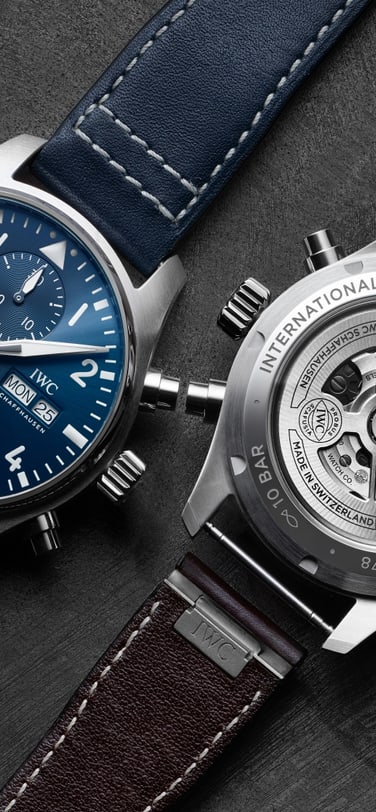 Header Image displaying a metal bracelet, blue dial watch with blue strap, back of a watch.