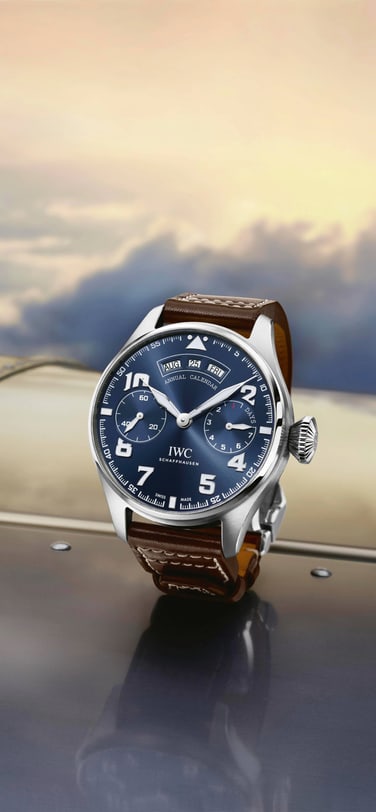 BIG PILOT’S WATCH ANNUAL CALENDAR EDITION «LE PETIT PRINCE» (IW502703) showcased atop the wing of an airplane.