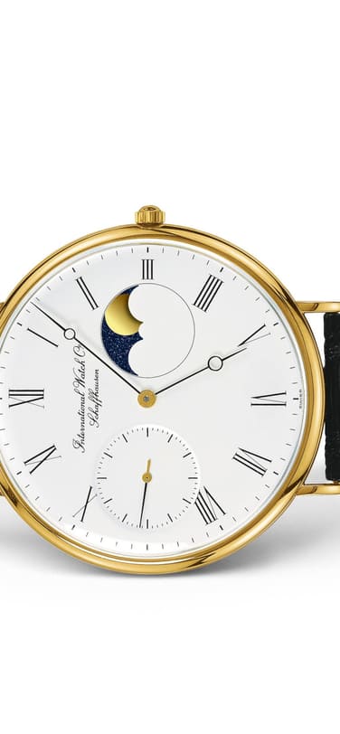 IWC IW525103 Portofino Handwound Moonphase with white dial, gold case, moonphase complication and black leather strap
