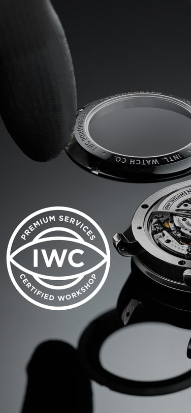 IWC logo on the left and hands placing stainless steel watch case on mechanism on the right