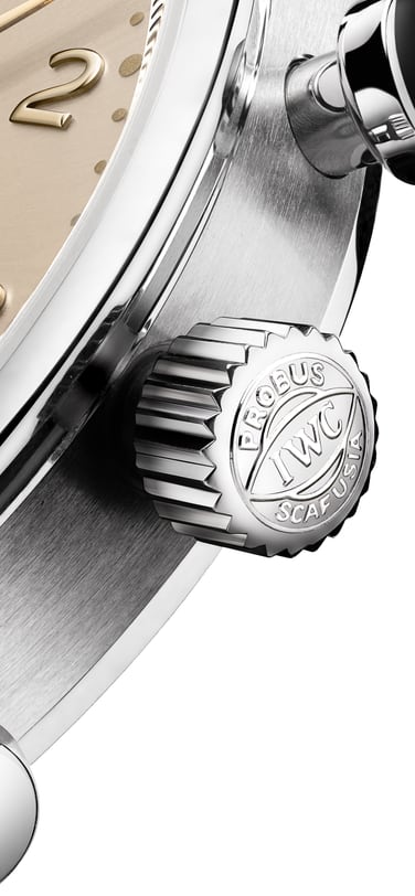 Angled Close-up of the Portugieser Chronograph Dune watch (IW371624) with a focus on the Crown with the IWC "Probus Scafusia" logo