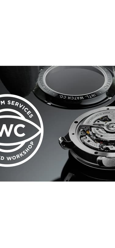 IWC logo on the left and hands placing stainless steel watch case on mechanism on the right