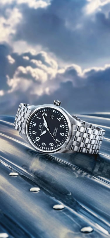 IWC IW327011 Pilot’s Watch Mark XVIII with stainless steel case, black dial and stainless steel bracelet on metal surface