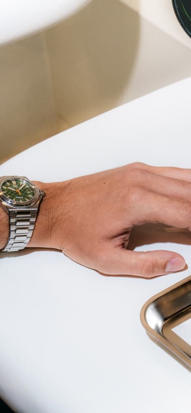 IWC Ingenieur Automatic 40 watch on wrist, alongside IWC matcha drink and sweets at The Matcha Club residency