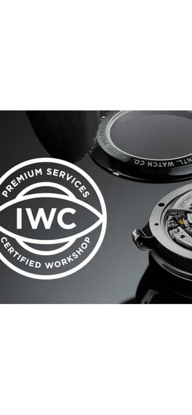 IWC logo on the left and hands placing stainless steel watch case on mechanism on the right