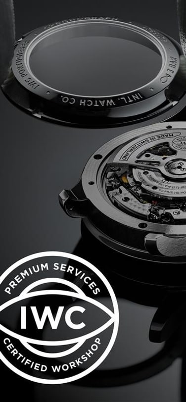 IWC logo on the left and hands placing stainless steel watch case on mechanism on the right