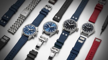 Group of IWC watches with blue, black and red color straps on white background