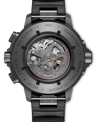The blackened rotor of the IWC-manufactured 89802 caliber is visible through the sapphire crystal back