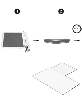 Diagramma passo-passo che illustra come tagliare, piegare e assemblare un pacchetto da una busta piatta.