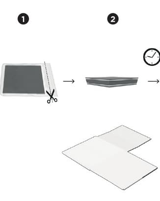 Diagrama paso a paso que ilustra cómo cortar, doblar y ensamblar un paquete a partir de un sobre plano.