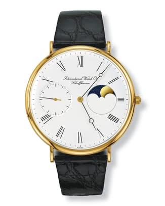 IWC IW525103 Portofino Handwound Moonphase with white dial, gold case, moonphase complication and black leather strap