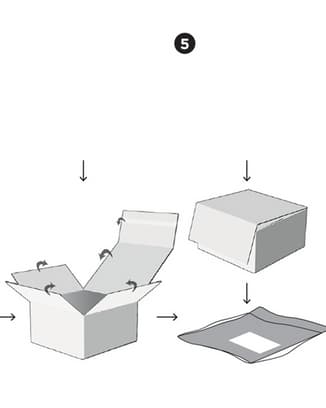 Diagrama paso a paso que ilustra cómo colocar el reloj IWC empaquetado en la caja de envío y el sobre proporcionado