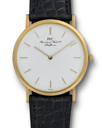 IWC IW201001 Ultra-thin Portofino Hand Wound with white dial, yellow gold case and black leather strap