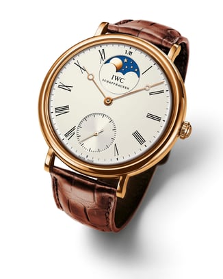 IWC IW544803 Portofino Hand-Wound Vintage Collection with white dial, gold case and brown leather strap