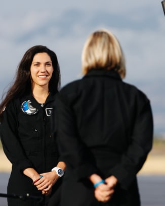 Polaris Dawn crew member Sarah Gillis giving an interview on training day