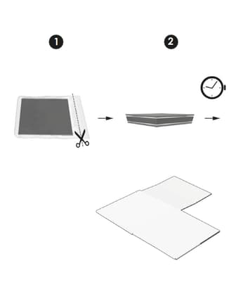 Schéma étape par étape illustrant comment couper, plier et assembler un emballage à partir d'une enveloppe plate.