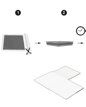 Schritt-für-Schritt-Diagramm, das zeigt, wie man eine Verpackung aus einem flachen Umschlag schneidet, faltet und zusammensetzt.